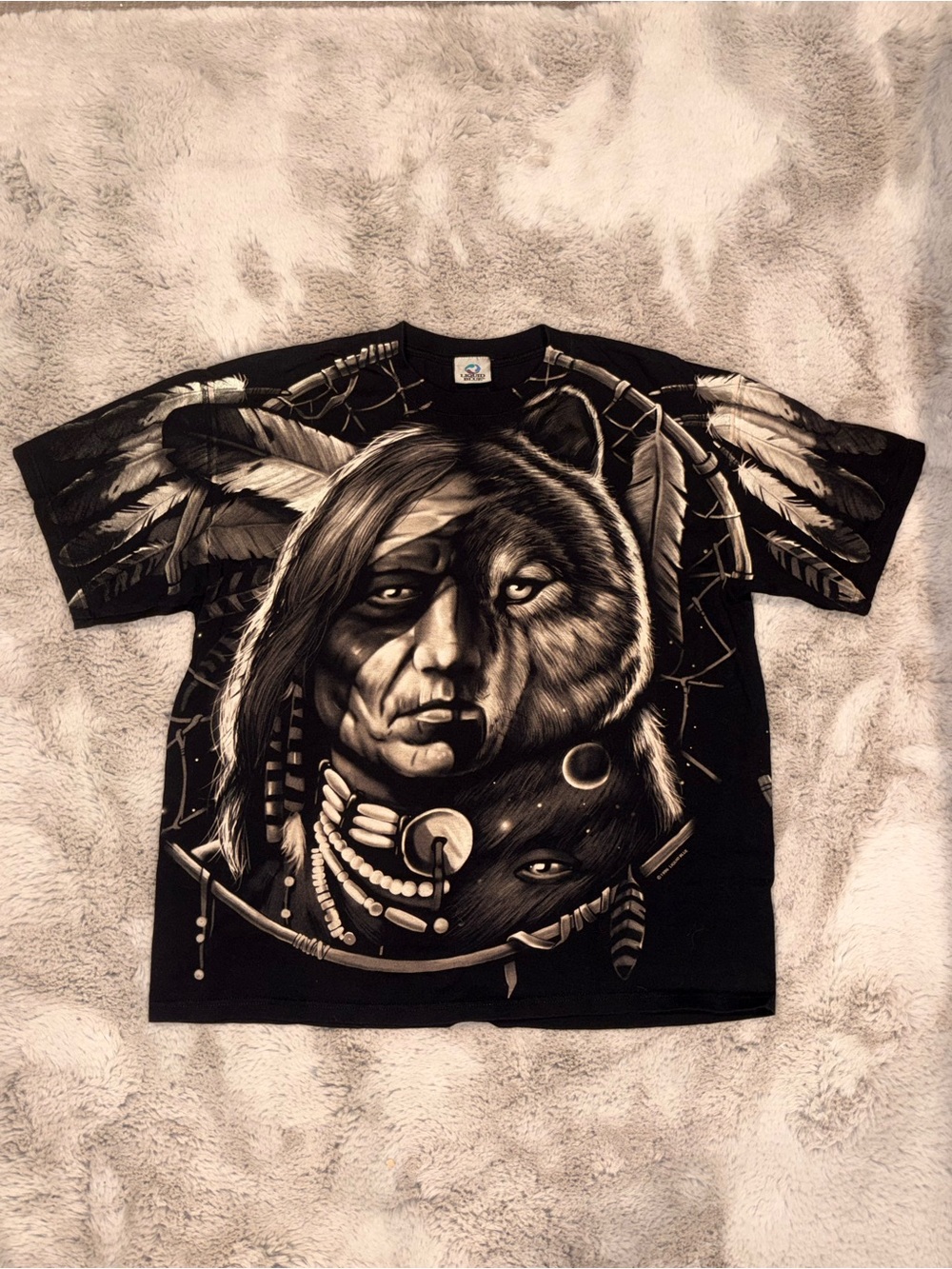 Vintage Liquid Blue Tee with Monochrome Wolf & Native Portrait
